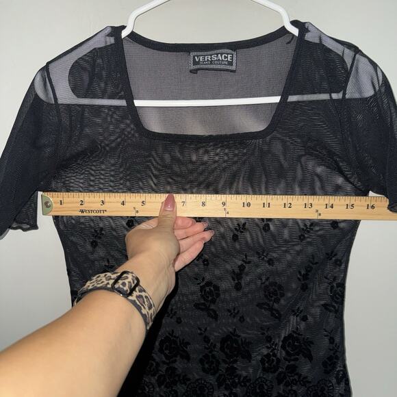 Vintage 90s Versace Jeans Couture Woman’s Black Sheer Mesh Top Floral Gradient S - Picture 5 of 8